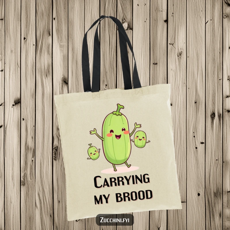 Funny zucchini juggling smaller zucchinis, depicted on a tote bag, showcasing veggie comedy, funny gift.