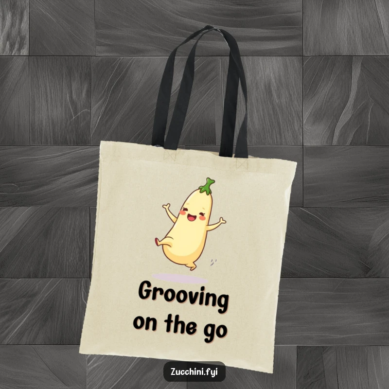 Funny Tote Bag with a dancing zucchini enthusiastically performing a high kick with joyful energy.