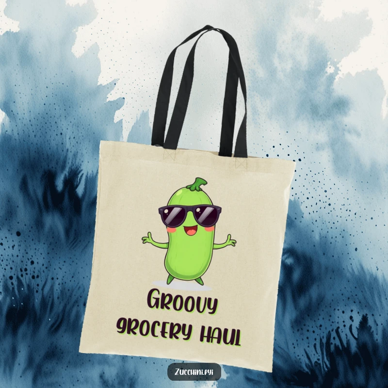 Funny Zucchini Tote Bag: Smiling zucchini in sunglasses dances silly, a humorous and practical accessory.