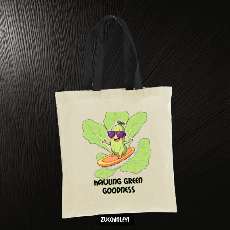 Funny zucchini with sunglasses surfing on a lettuce leaf, a cool and humorous tote bag.