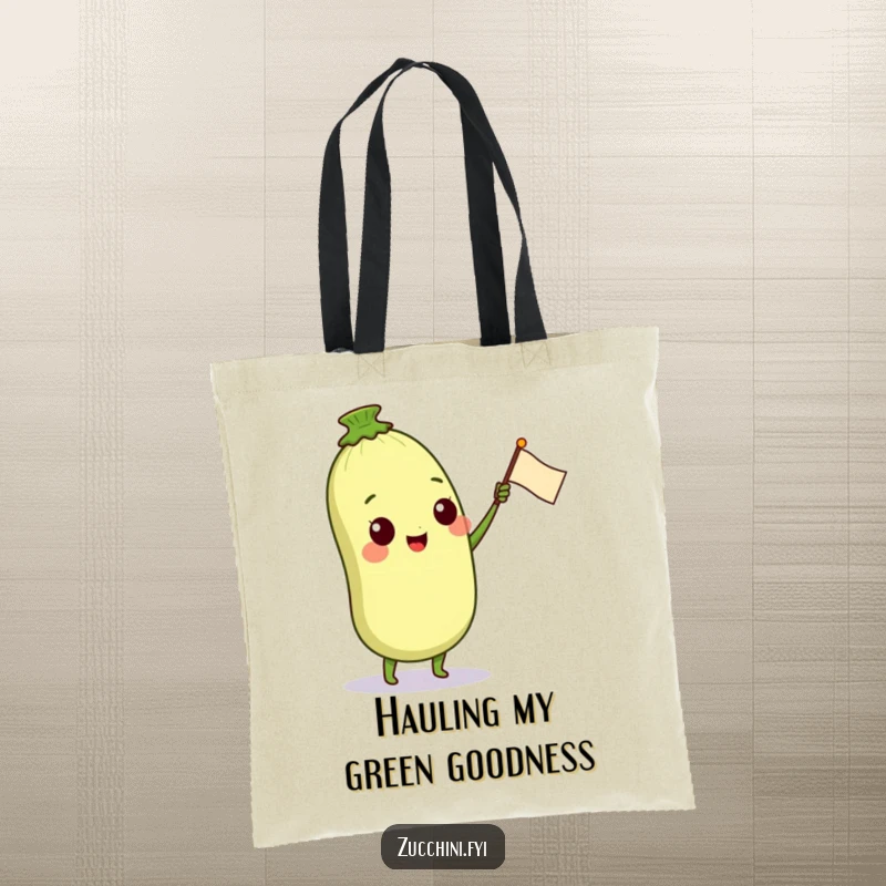 Funny tote bag with a smiling anthropomorphic zucchini character holding a small petal flag, ready to carry your items with a dose of garden cheer.