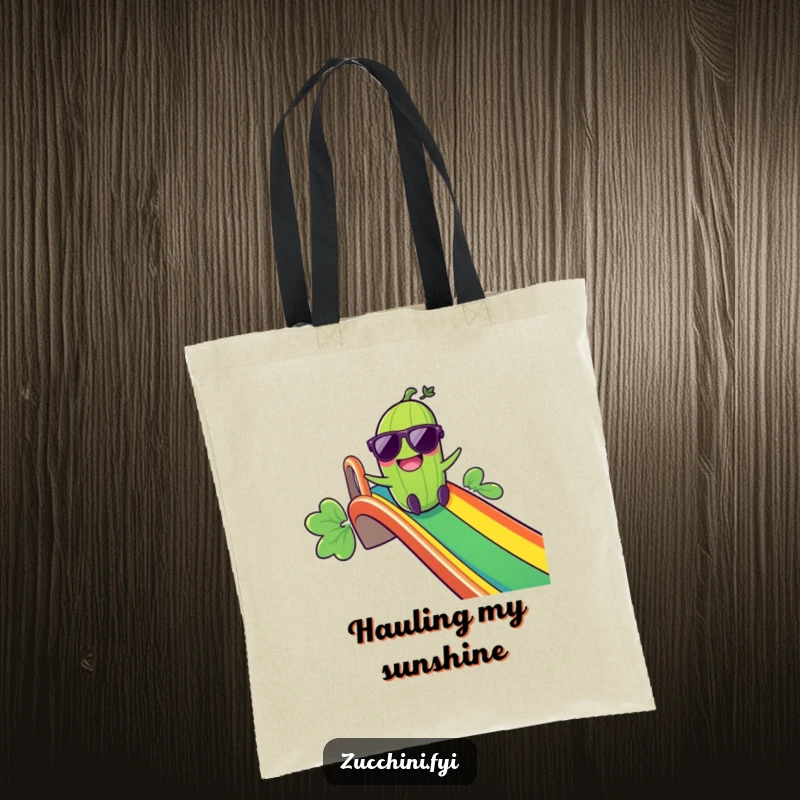 Funny Giggling Zucchini Tote Bag: A zucchini wearing sunglasses gleefully slides down a rainbow, perfect for carrying essentials with a humorous touch.