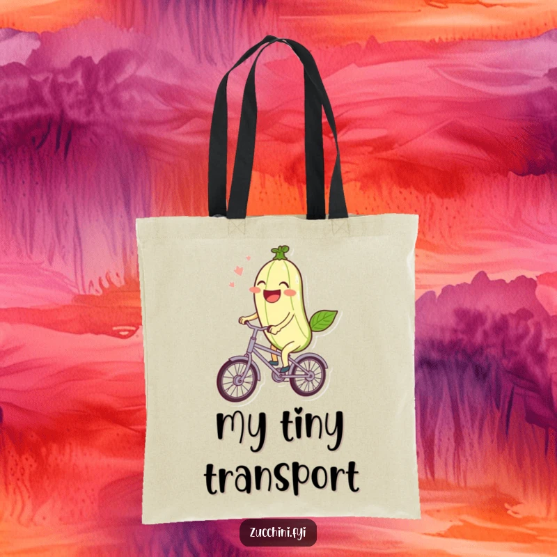 Funny Tote Bag: A laughing kawaii zucchini joyfully rides a miniature bicycle, perfect for carrying items with charm.