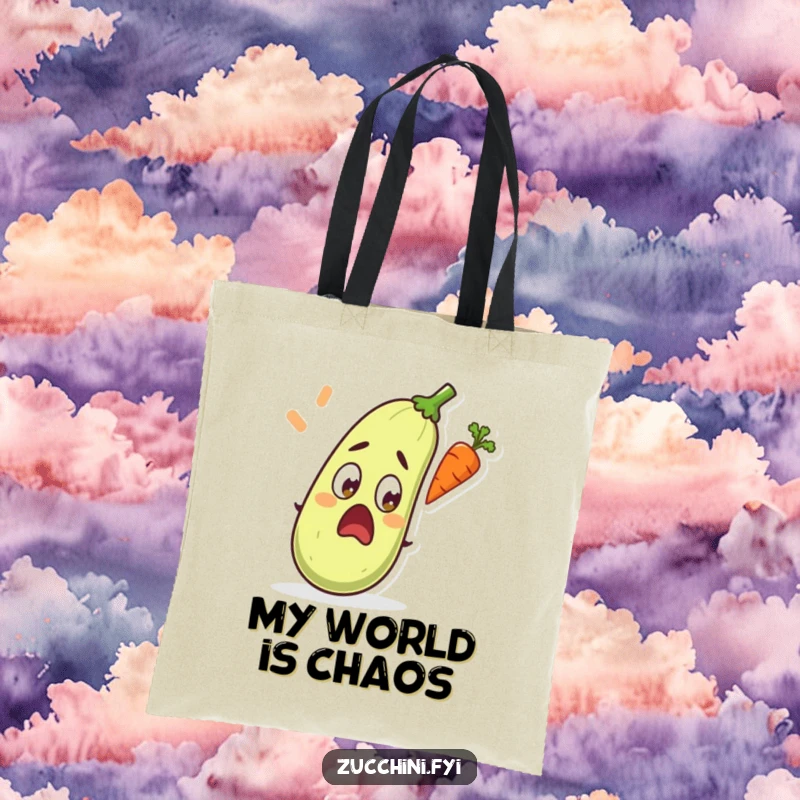 Funny tote bag showcasing a startled zucchini with wide eyes, observing a carrot in mid-air flight.