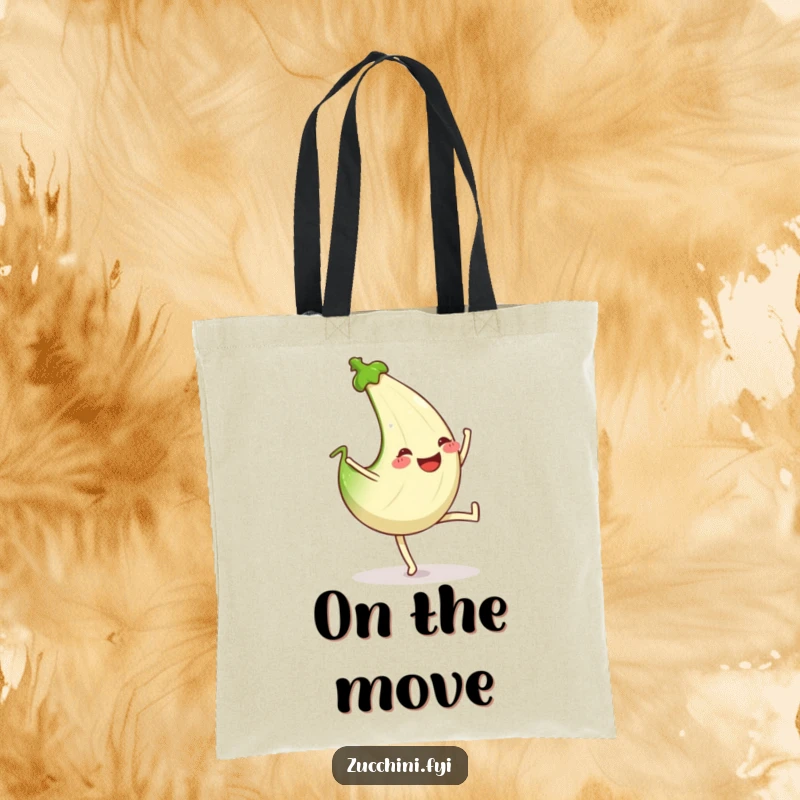 Funny tote bag showing a zucchini in the middle of a cartwheel, wearing a big, happy grin.
