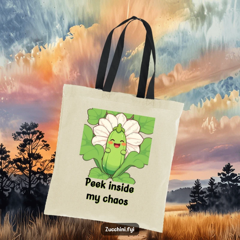 Funny Zucchini Laugh Tote Bag showing a laughing zucchini character peeking from behind a giant zucchini blossom.