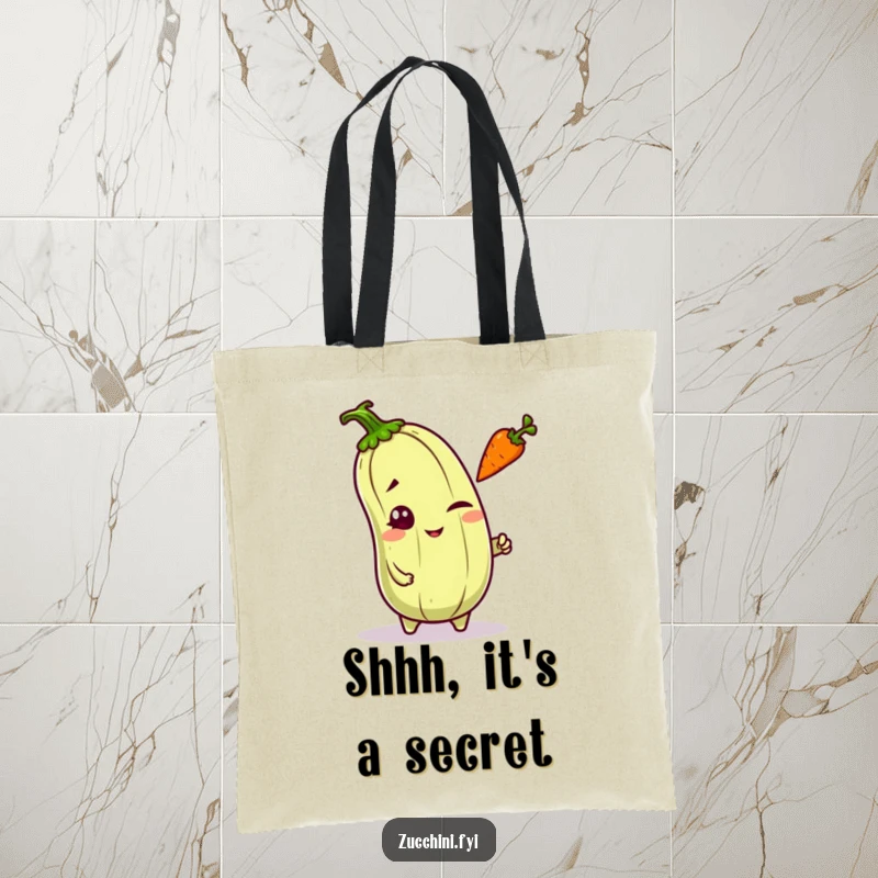 Funny mischievous kawaii zucchini winking and tossing a carrot, a playful and functional tote bag.