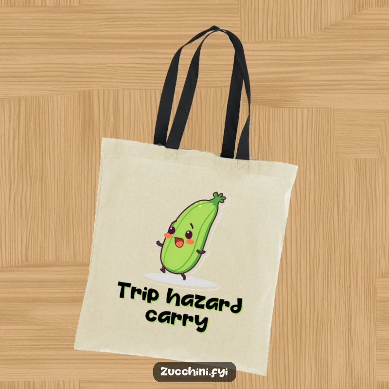 Funny tote bag with a wobbly zucchini tripping over its feet, perfect for carrying items with clumsy humor.
